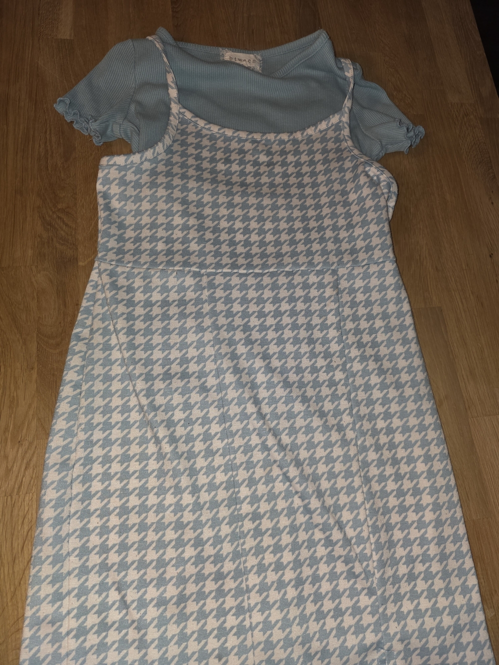 Btween Light Green Blue Houndstooth Pinafore Dress Coordinating Tee Sz 8 NWOT